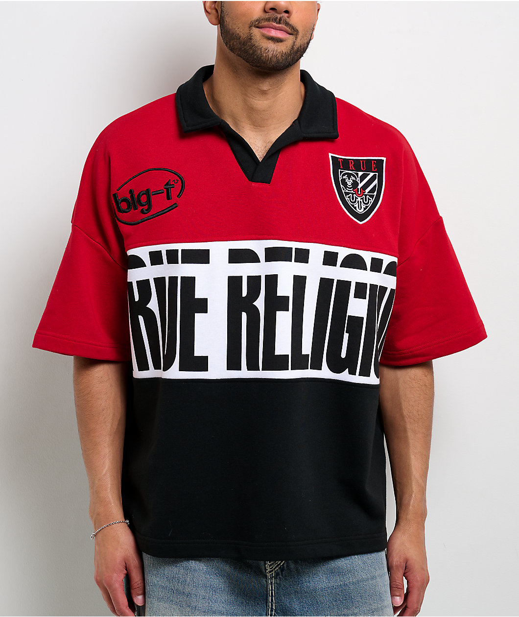 True Religion Jersey Knit Red Oversized Polo Shirt