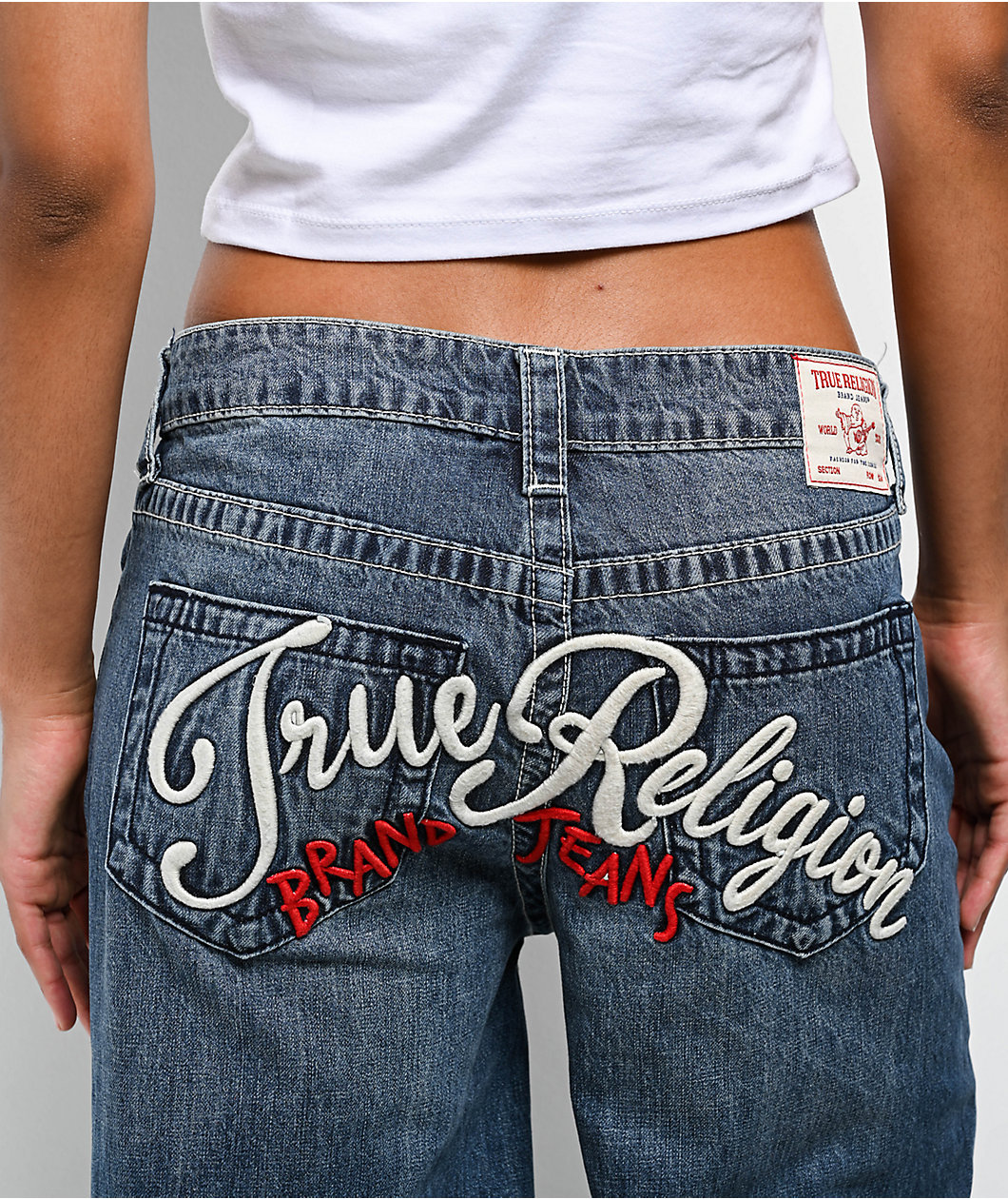 True Religion Jessie Embroidered Blue Wash Super Baggy Jeans