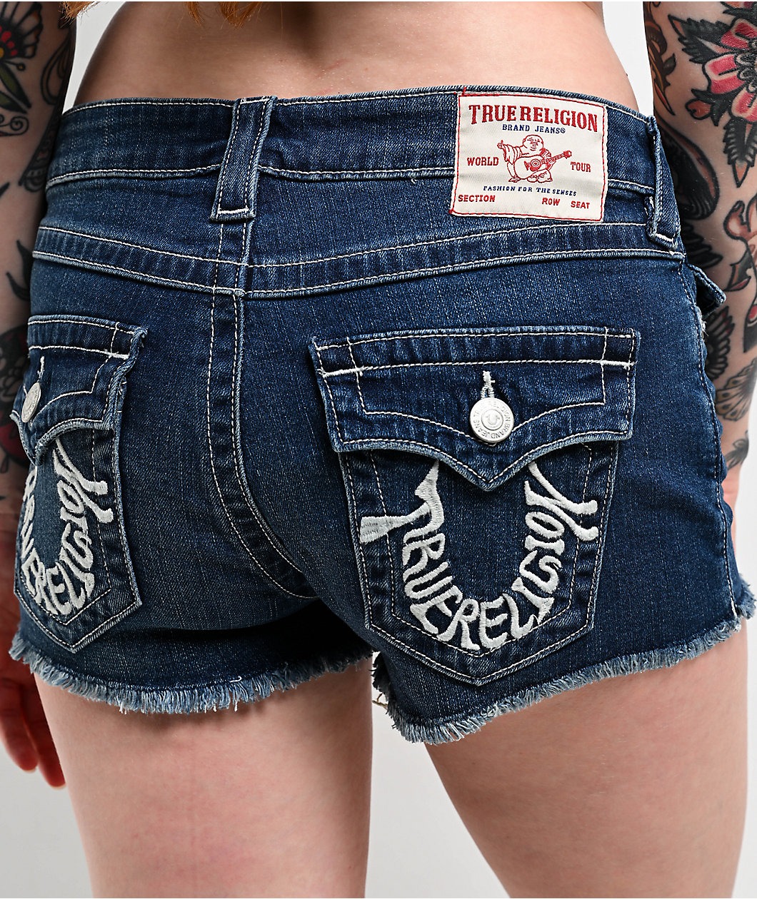 True Religion Joey Embroidered Low Rise Deep Wave Of Water Denim Shorts