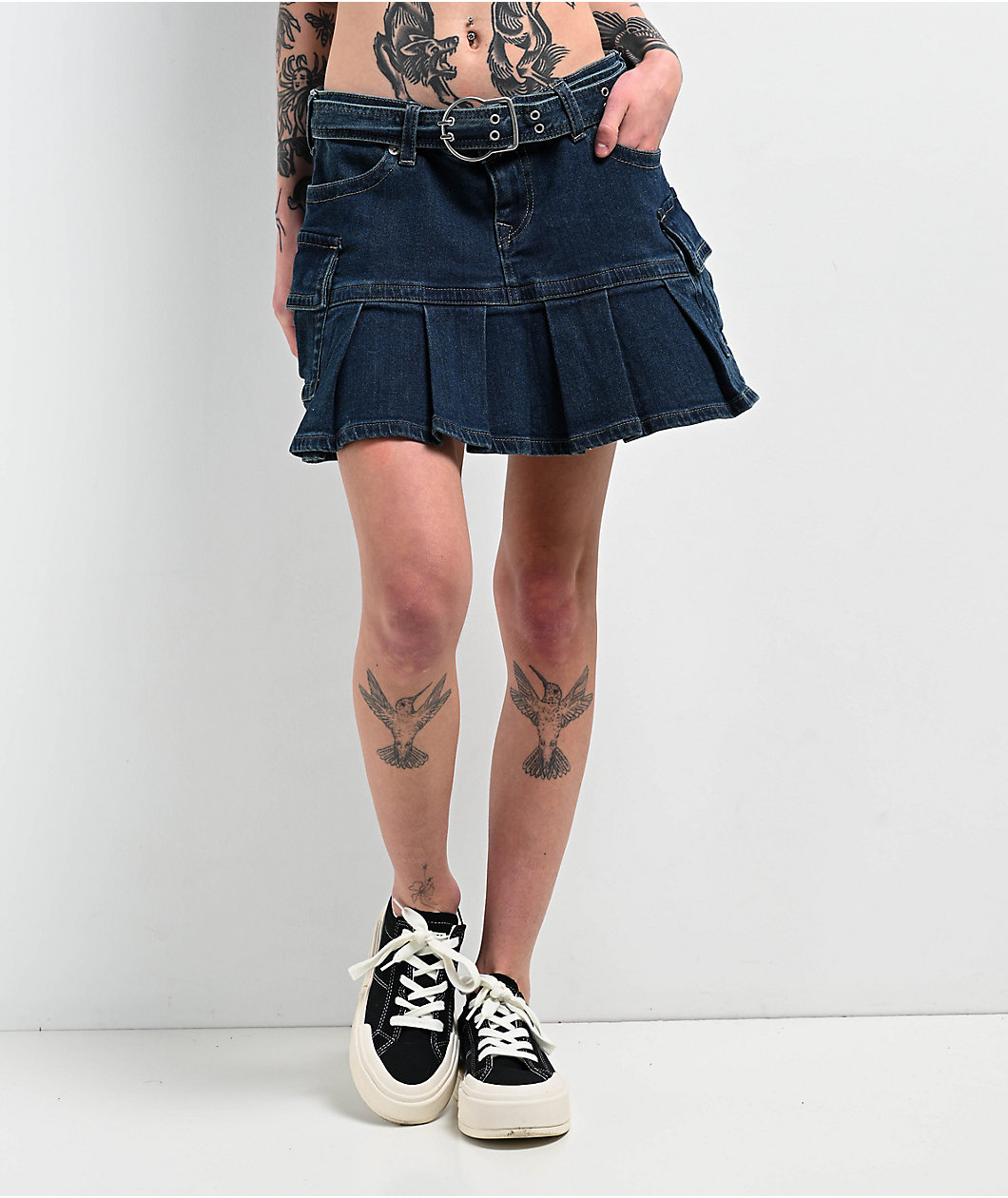 True Religion La Serena Belted Denim Cargo Skirt