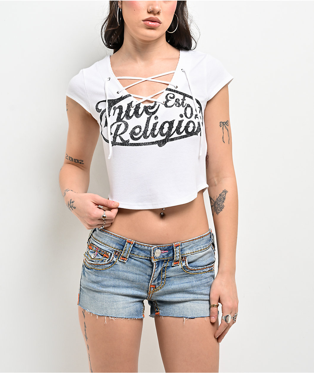 True Religion Lace Up White Crop T-Shirt