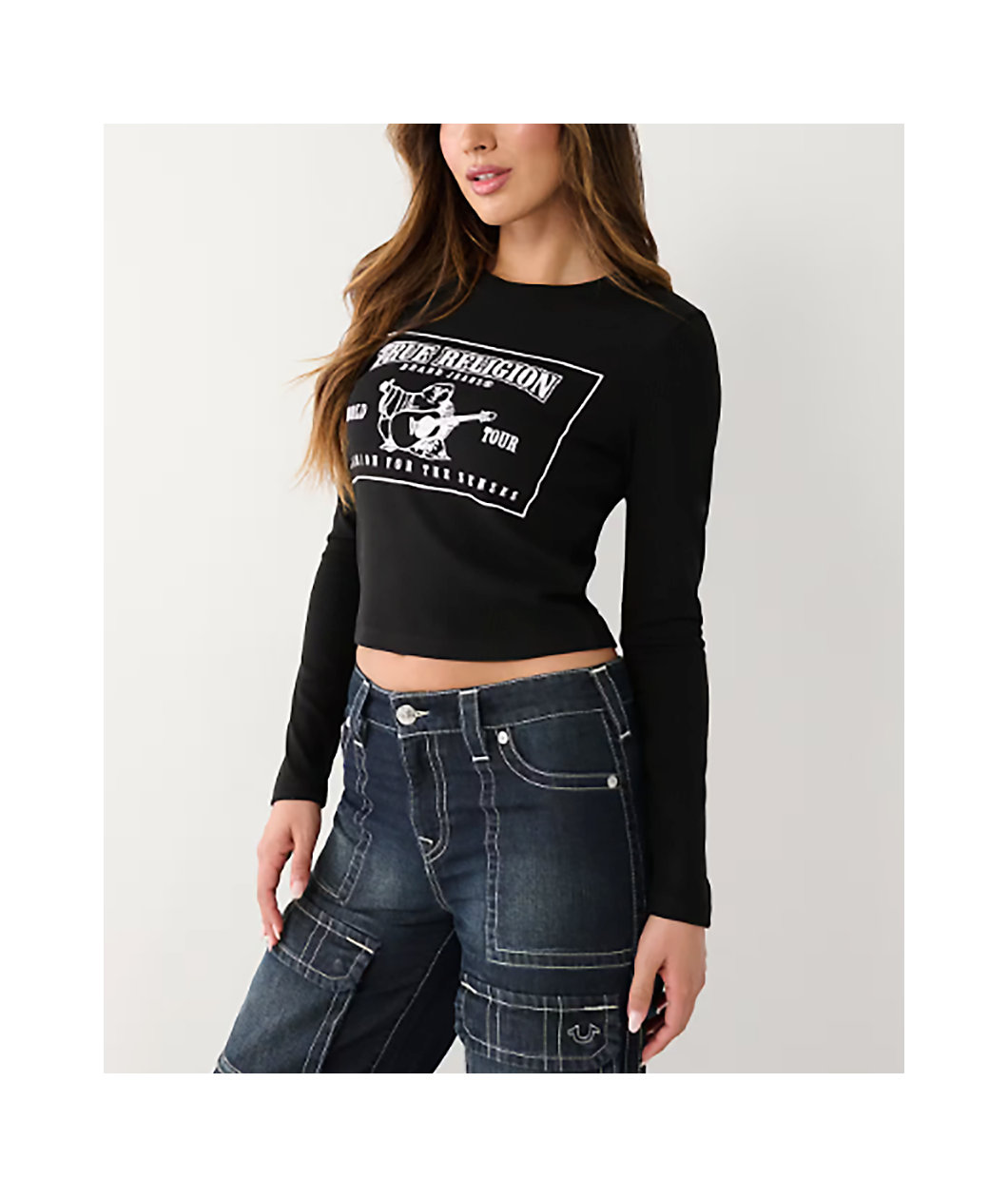 True Religion Logo Black Long Sleeve Crop T-Shirt