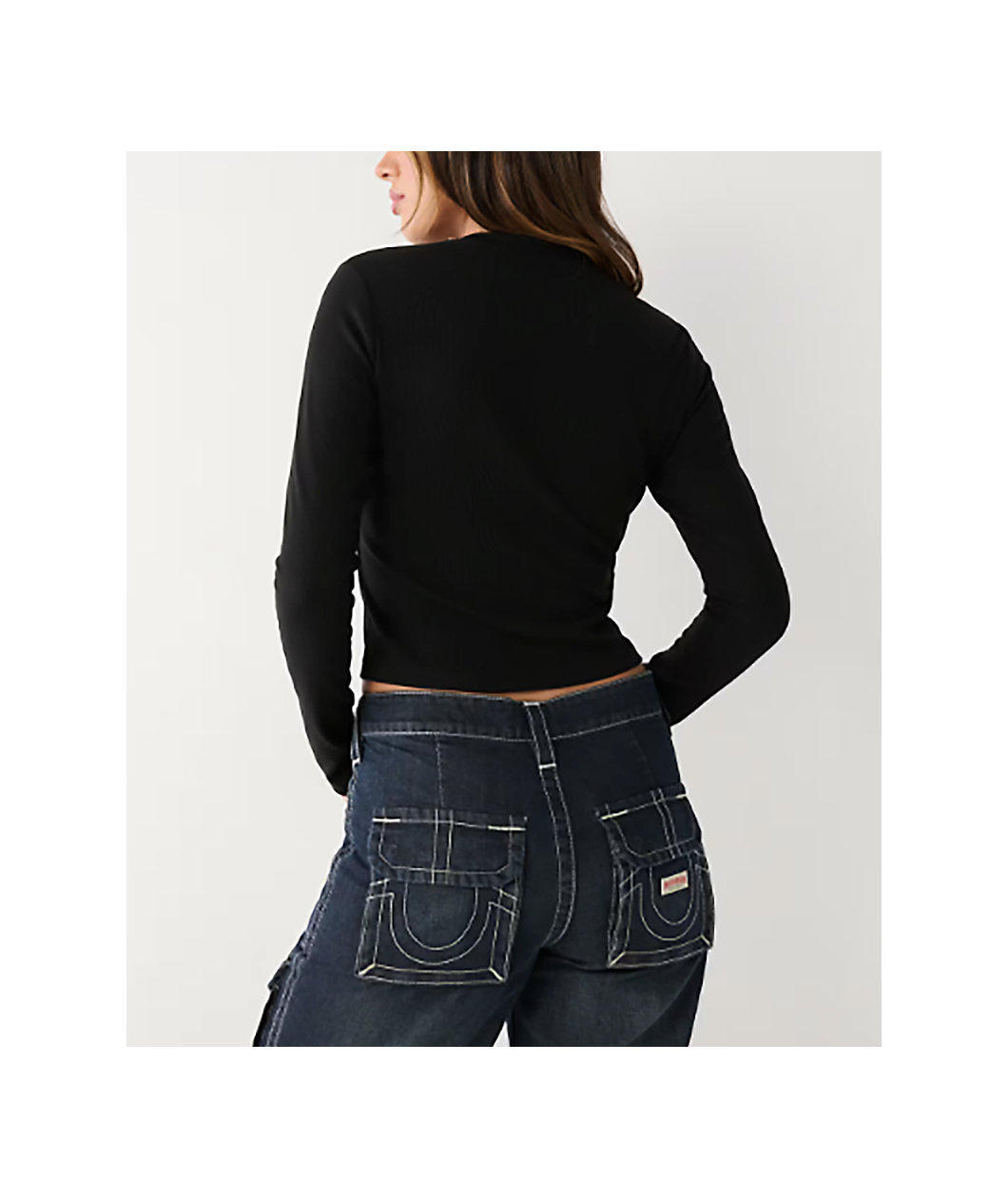 True Religion Logo Black Long Sleeve Crop T-Shirt