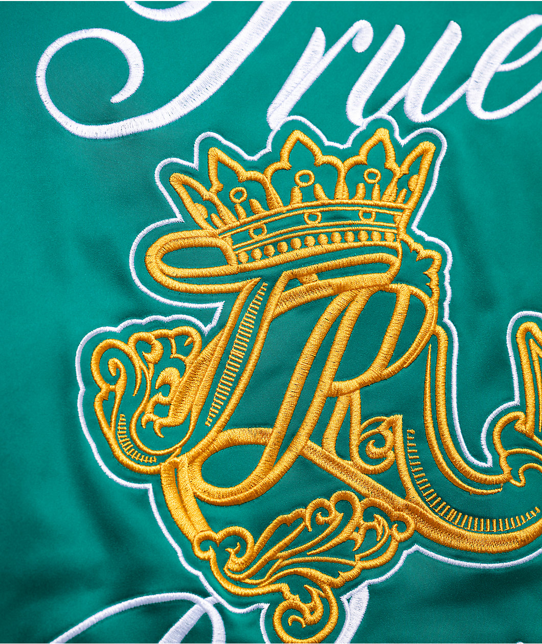 True Religion Logo Crest Satin Oak Leaf Green Bomber Jacket