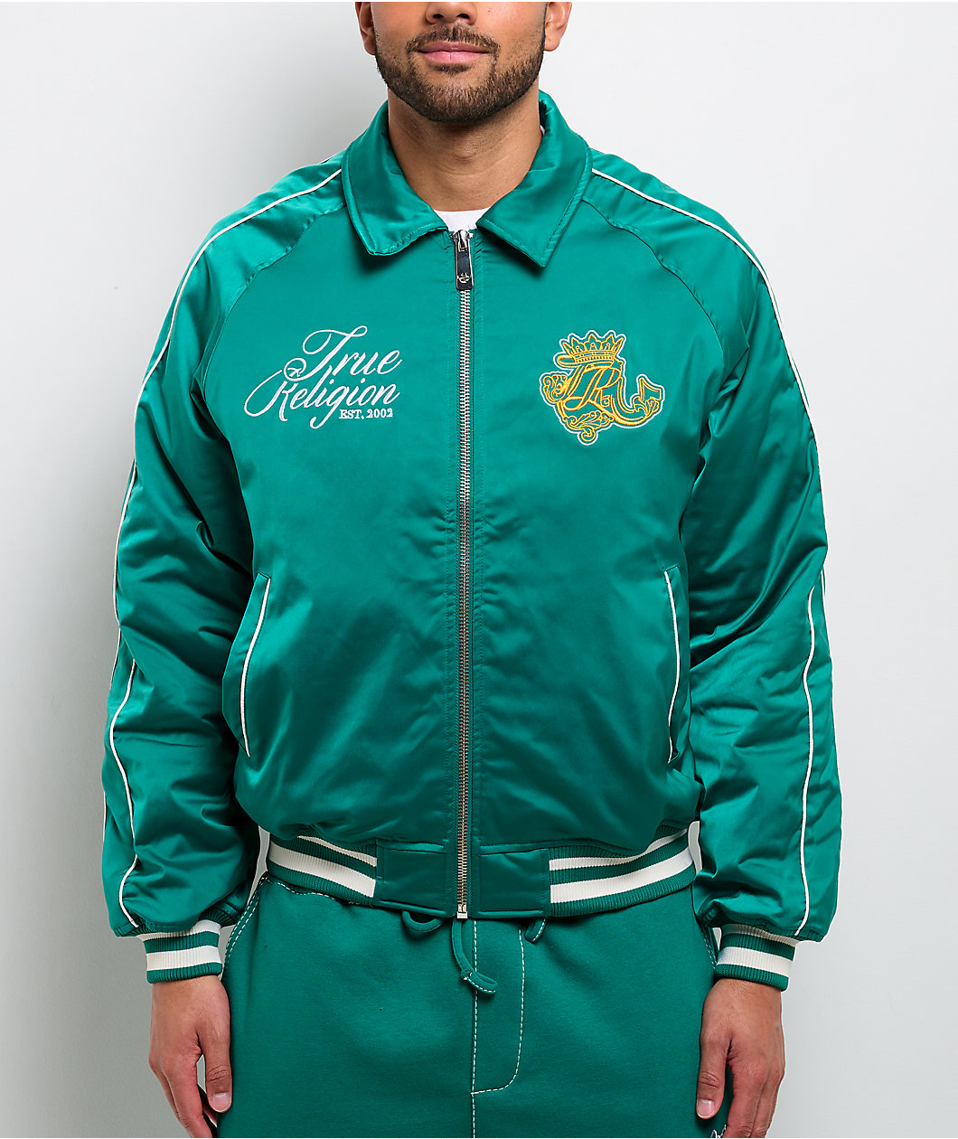 True Religion Logo Crest Satin Oak Leaf Green Bomber Jacket