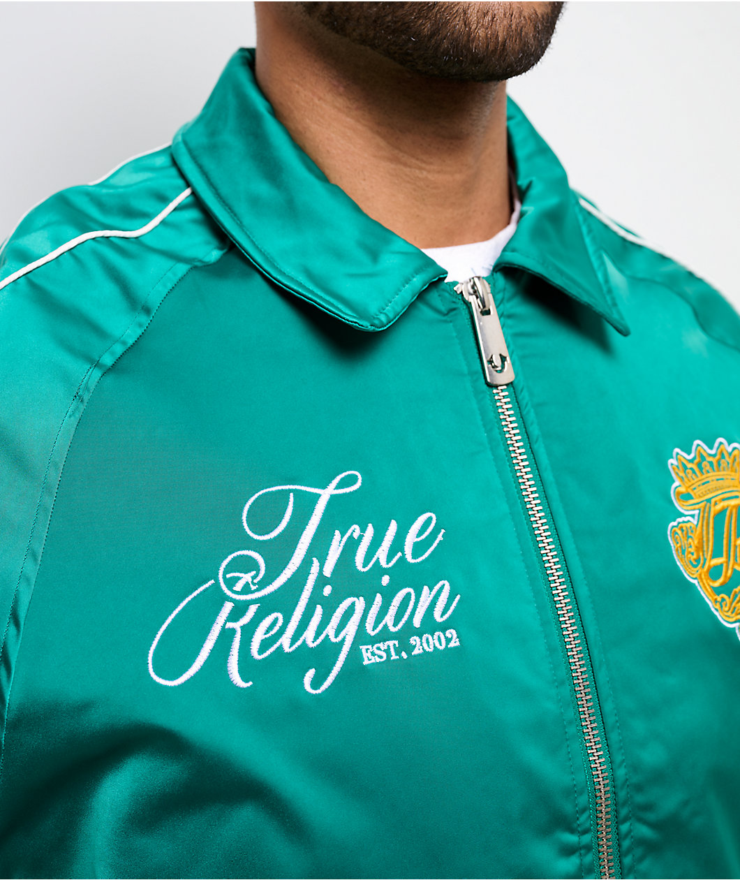 True Religion Logo Crest Satin Oak Leaf Green Bomber Jacket