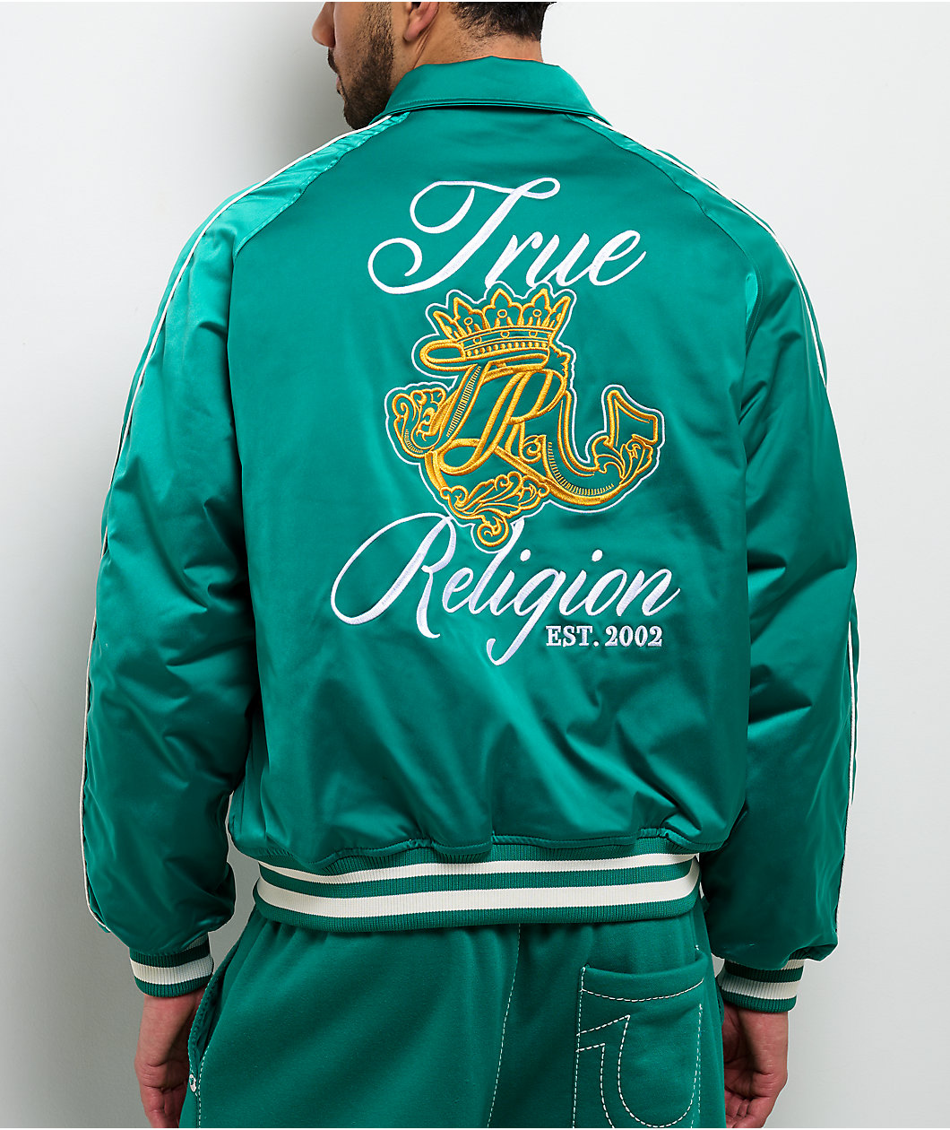 True Religion Logo Crest Satin Oak Leaf Green Bomber Jacket