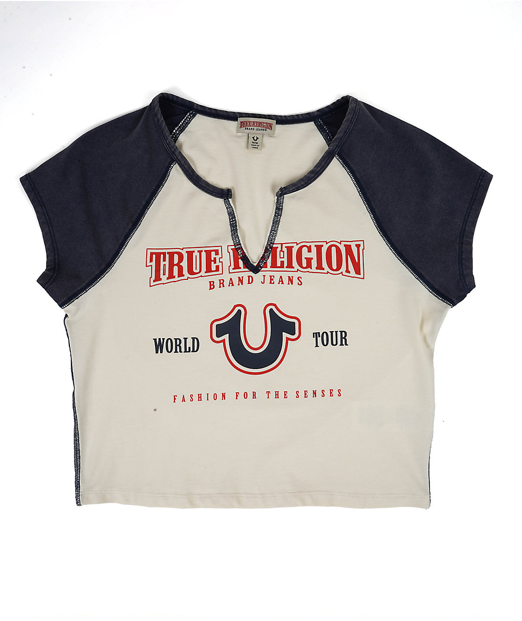 True Religion Logo Notch Winter White & Navy Raglan Crop T-Shirt