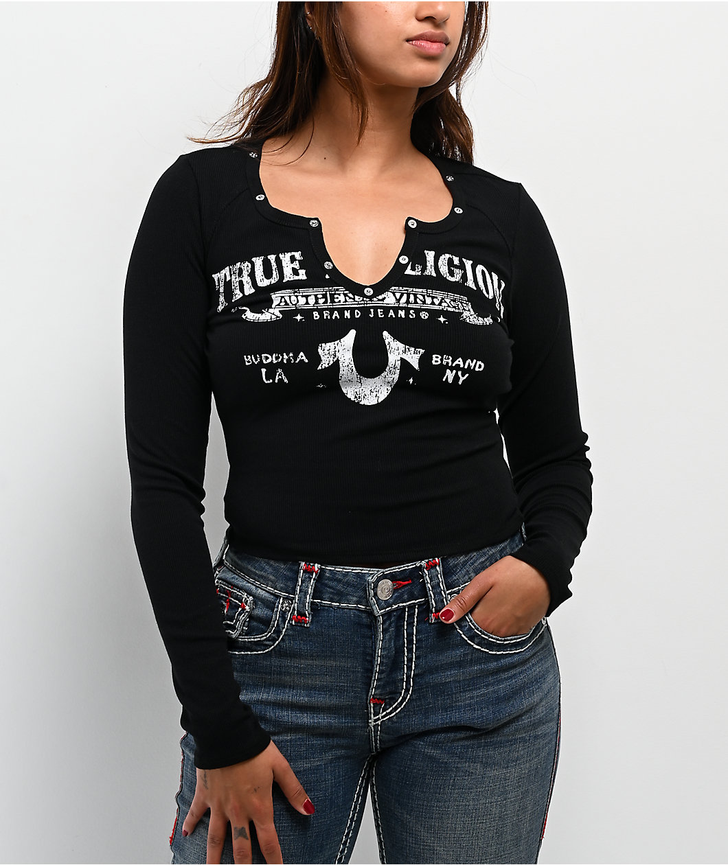 True Religion Logo Rivets V Notch Black Long Sleeve Crop T-Shirt
