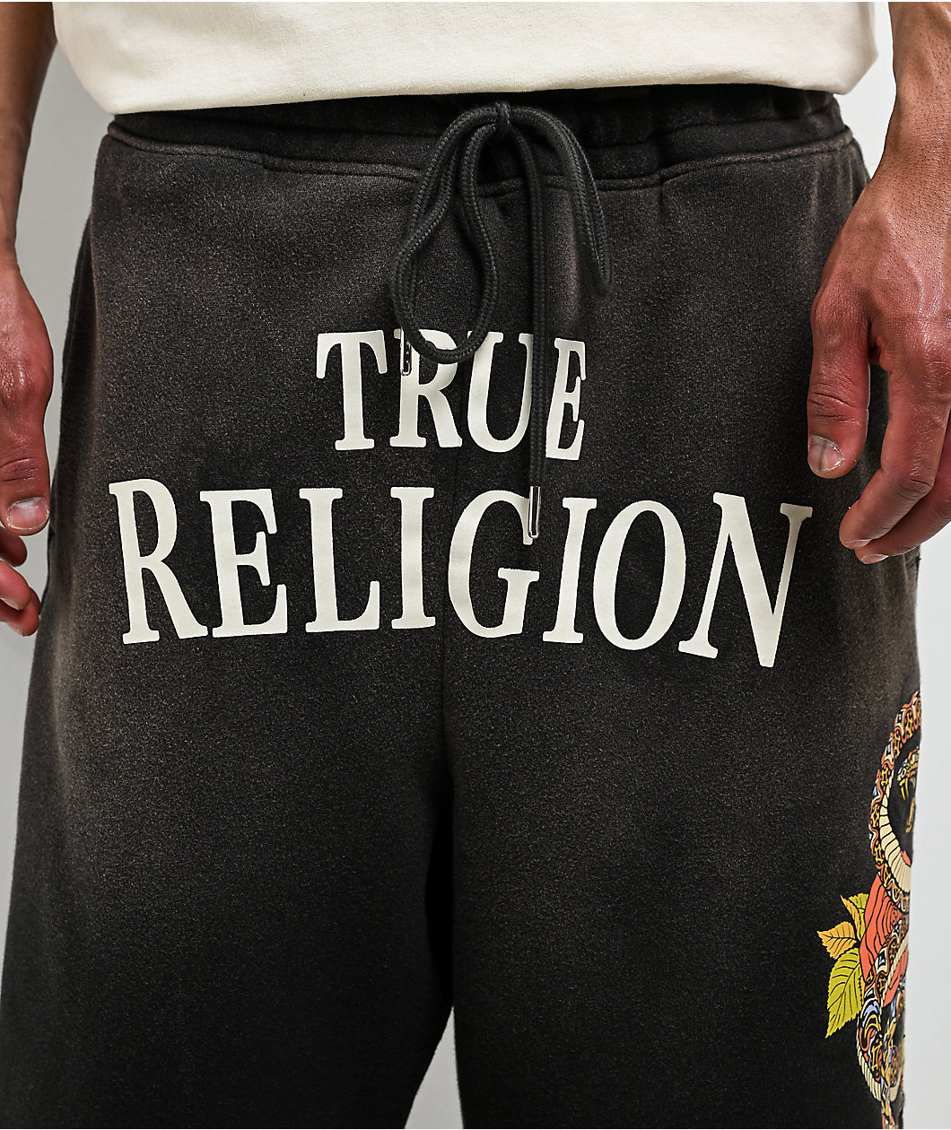 True Religion Mikey Floral Snake Black Wash Baggy Sweat Shorts