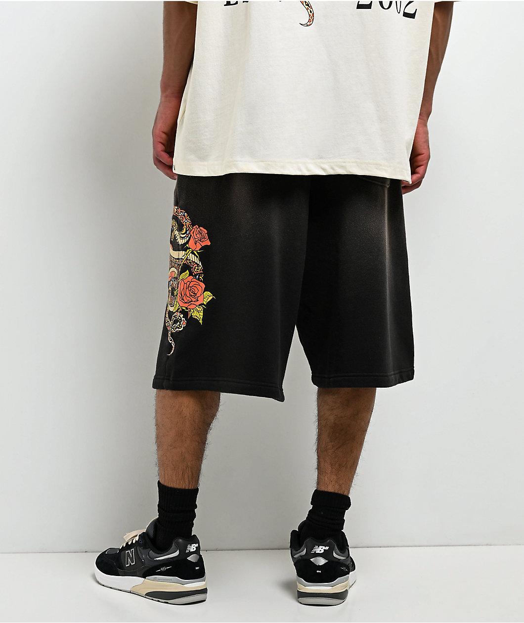 True Religion Mikey Floral Snake Black Wash Baggy Sweat Shorts