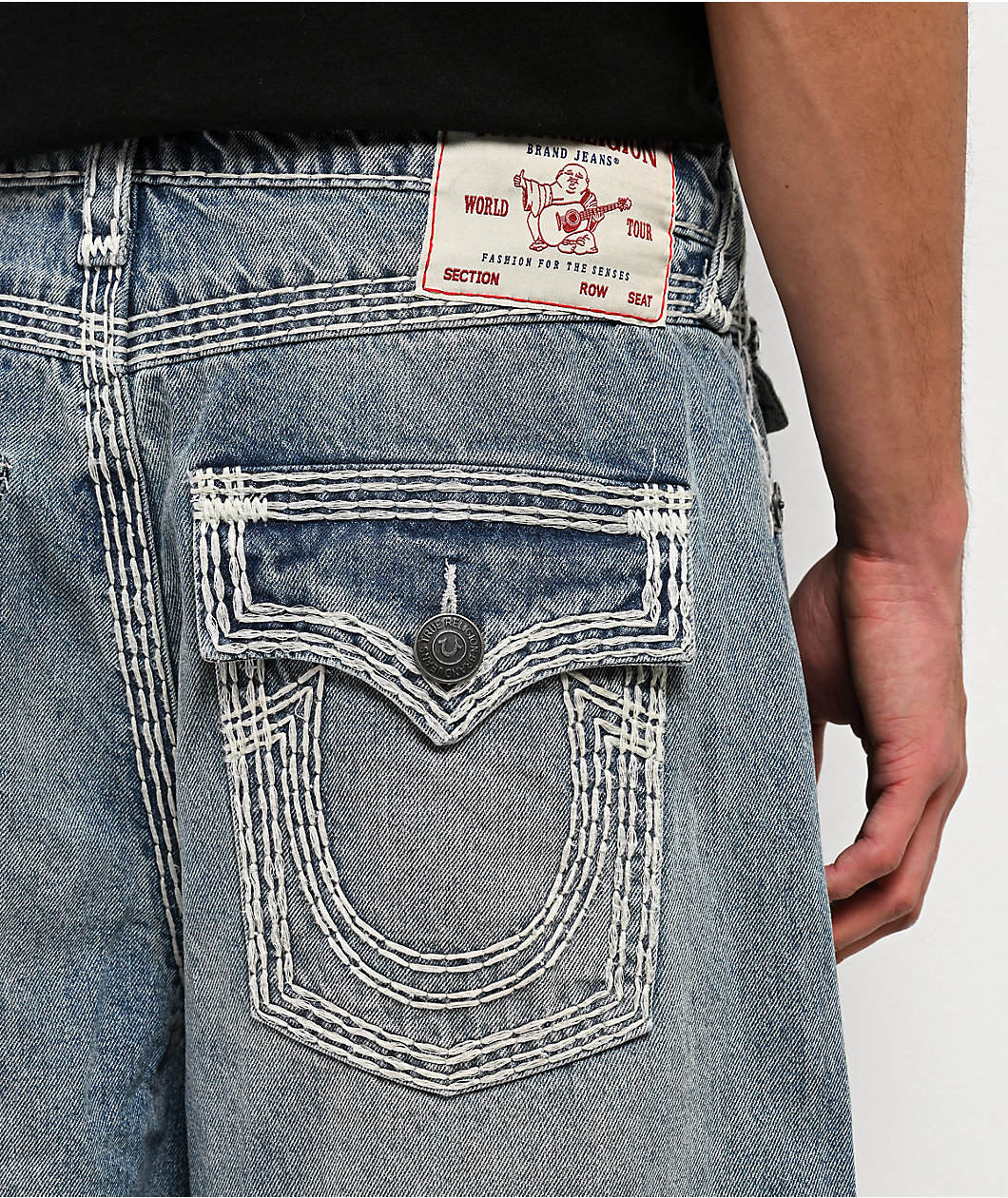 True Religion Mikey Super QT Flap Gridiron Blue Wash Ultra Wide Jeans