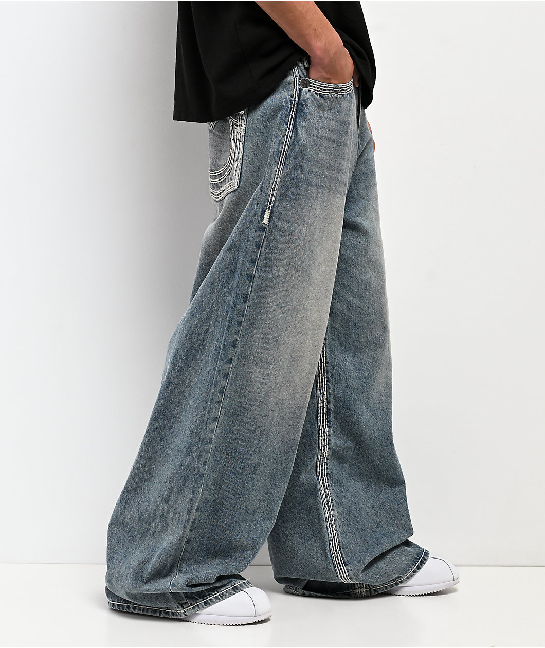 True Religion Mikey Super QT Flap Gridiron Blue Wash Ultra Wide Jeans