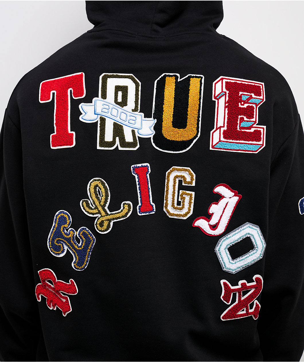 True Religion Multi Letter Logo Patch Black Hoodie