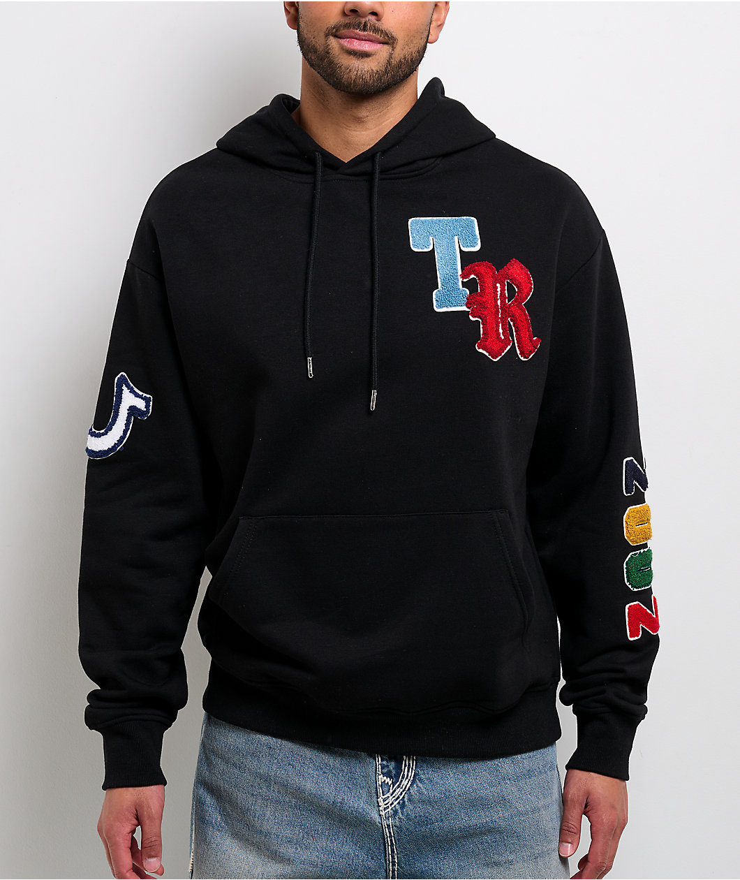 True Religion Multi Letter Logo Patch Black Hoodie