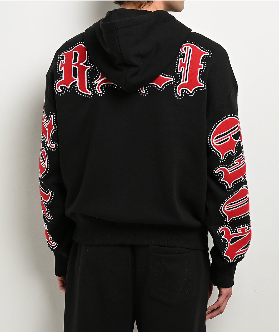 True Religion Old English Patch Black Boxy Zip Hoodie