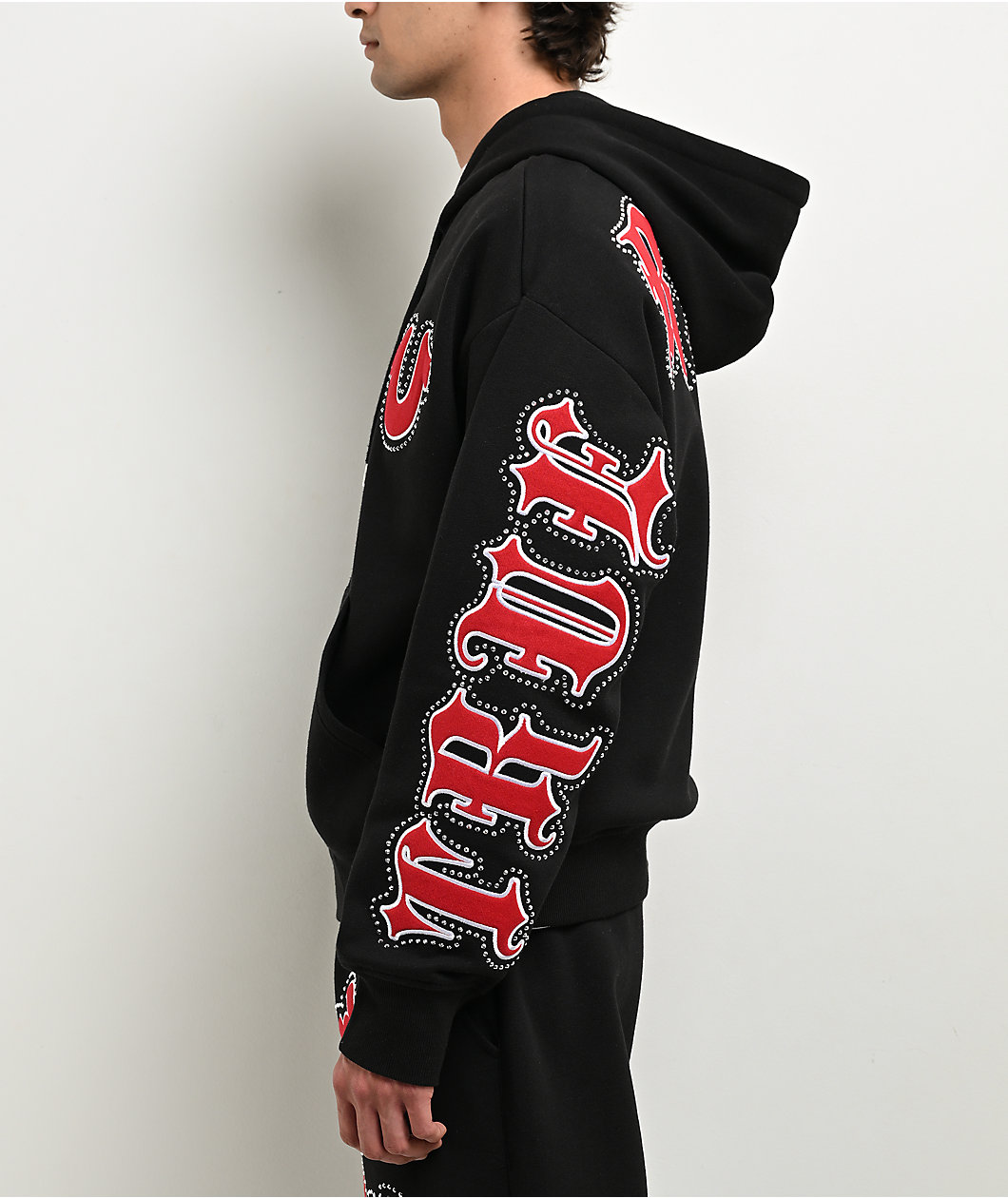 True Religion Old English Patch Black Boxy Zip Hoodie