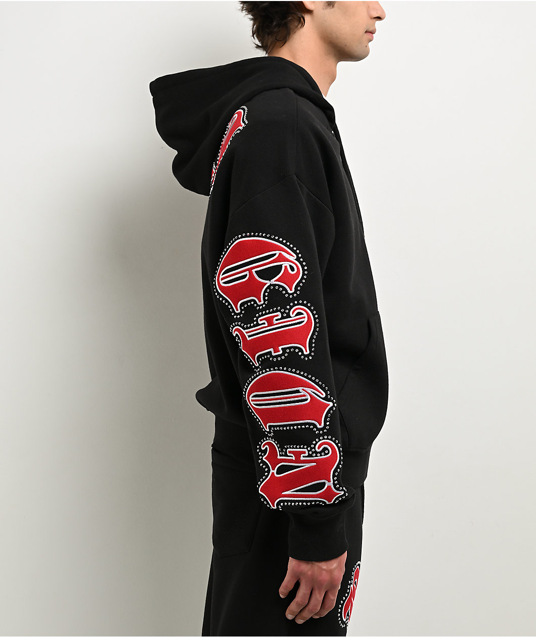 True Religion Old English Patch Black Boxy Zip Hoodie