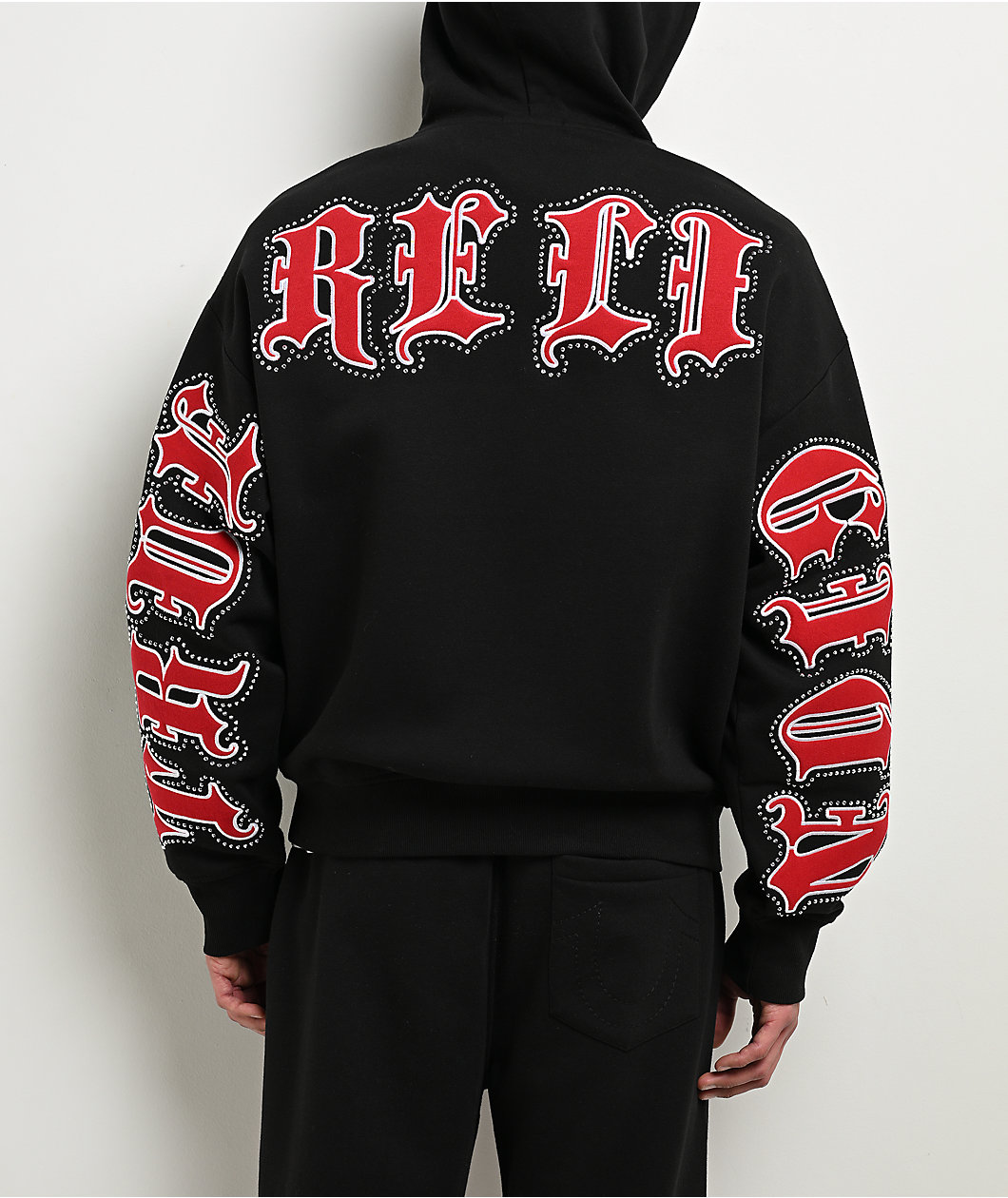 True Religion Old English Patch Black Boxy Zip Hoodie