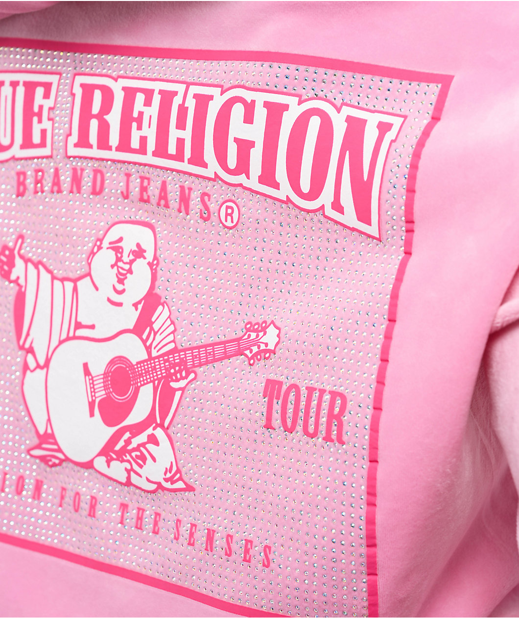 True Religion Pink Velour Crystal Shrunken Zip Hoodie