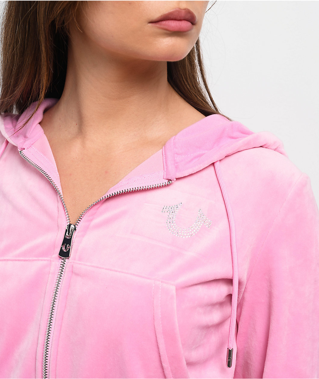 True Religion Pink Velour Crystal Shrunken Zip Hoodie