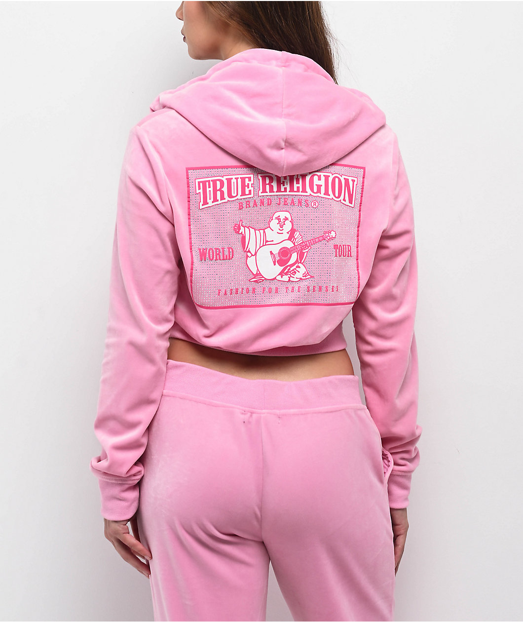 True Religion Pink Velour Crystal Shrunken Zip Hoodie