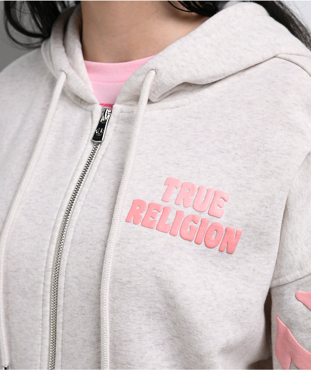 True Religion Puff-Print Heather Grey Zip Hoodie