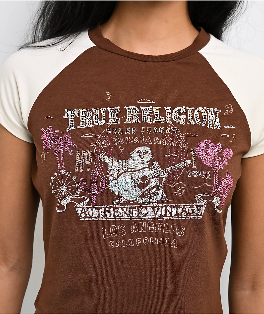 True Religion Raglan Brown & White Crop T-Shirt
