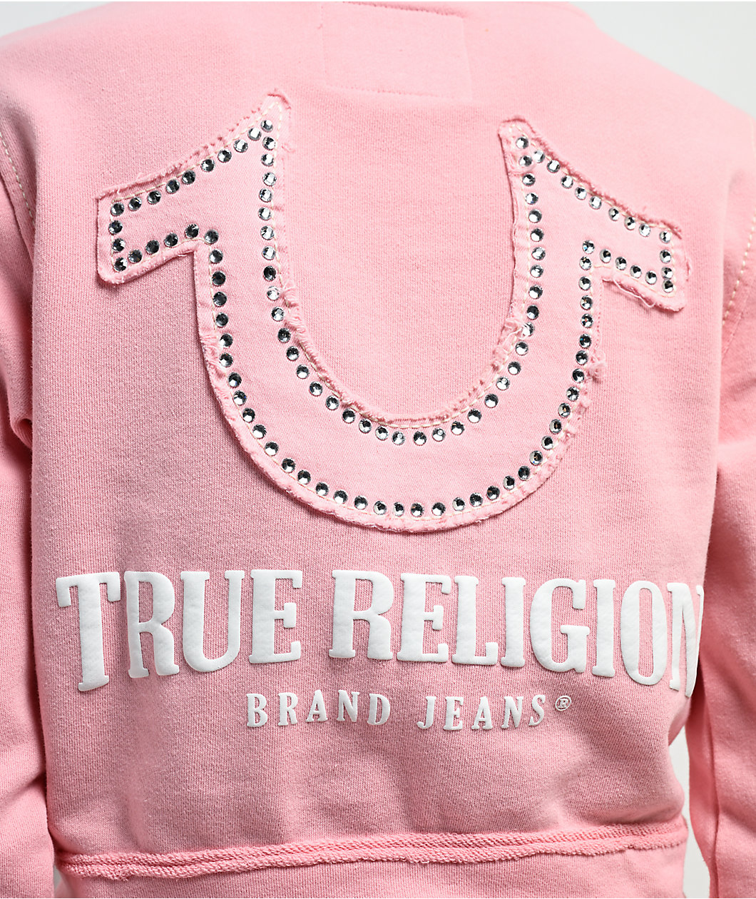 True Religion Raw Edge Shrunken Big T Candy Pink Crop Zip Hoodie