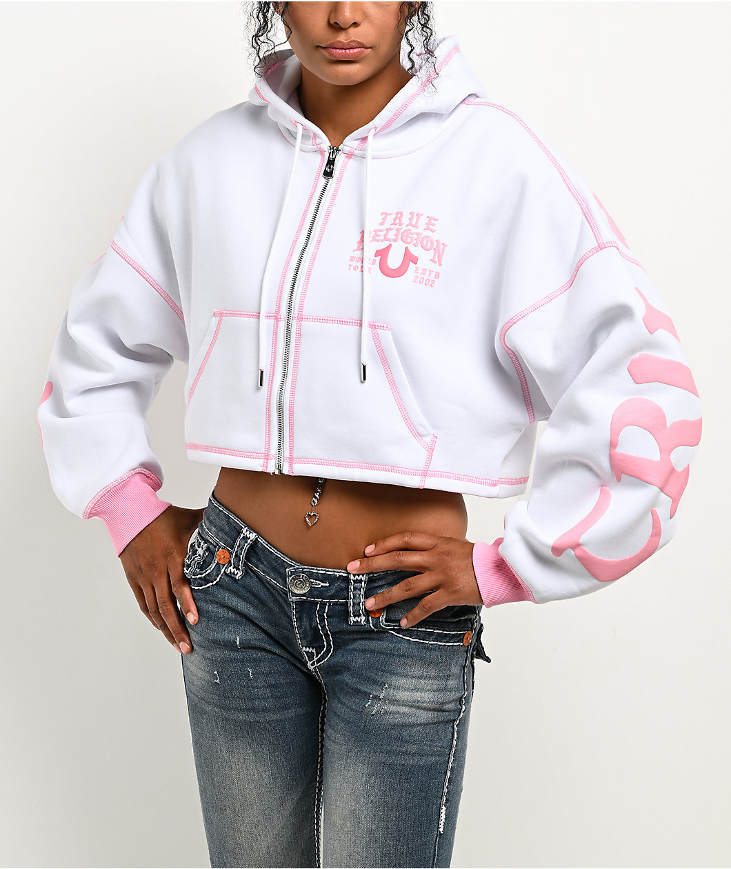 True Religion Relaxed White & Pink Crop Zip Hoodie