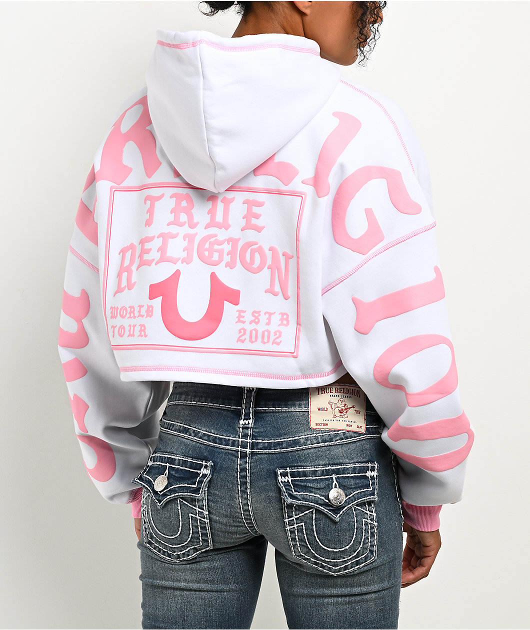 True Religion Relaxed White & Pink Crop Zip Hoodie