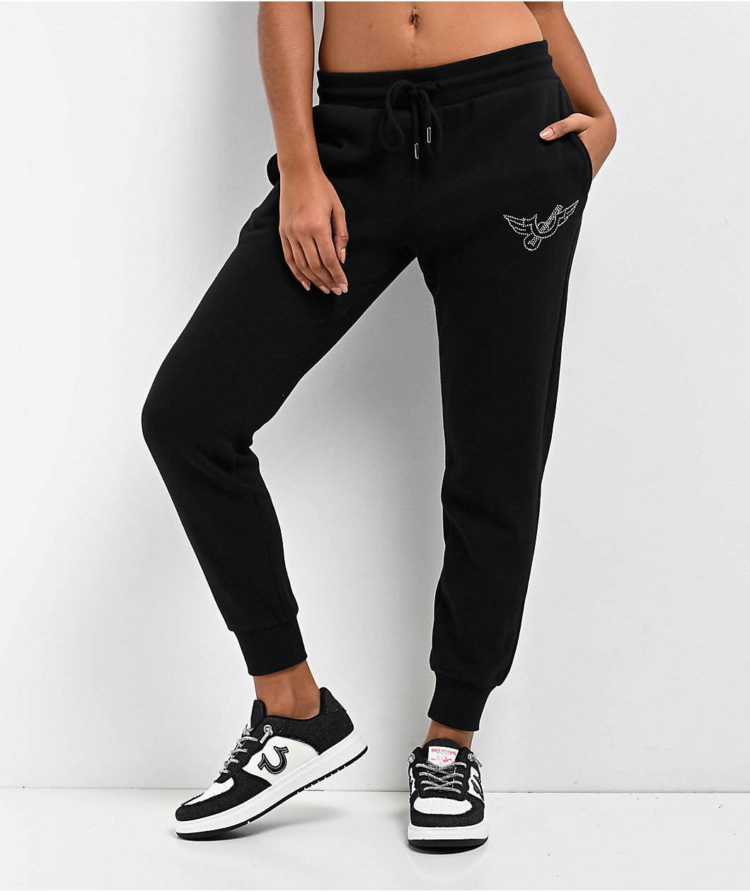 True Religion Retro Crystal Logo Black High Rise Jogger Sweatpants