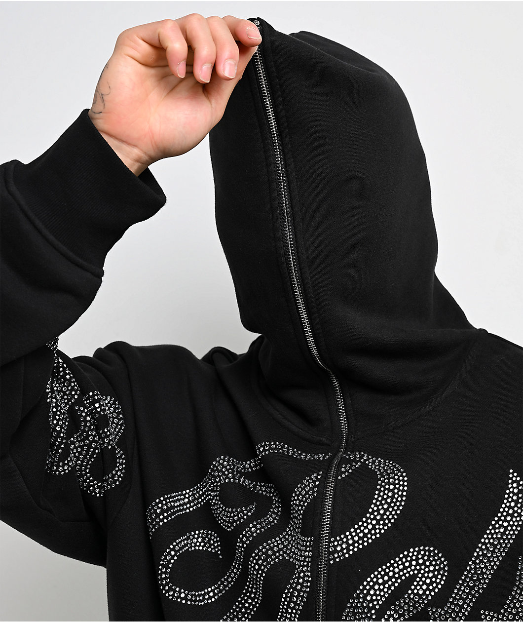 True Religion Rhinestone Script Black Boxy Bodybag Hoodie