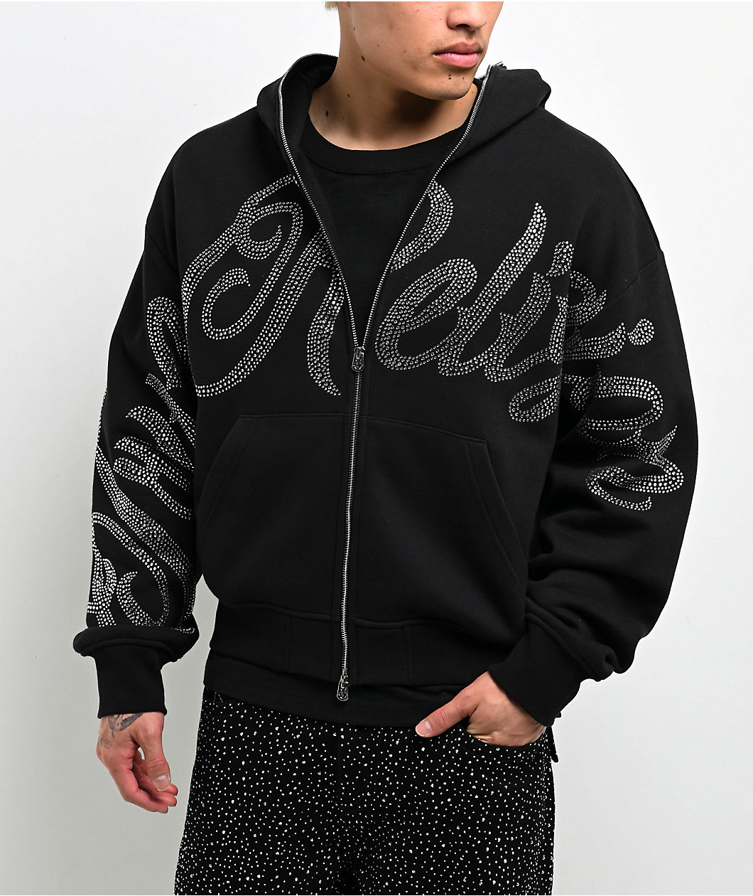 True Religion Rhinestone Script Black Boxy Bodybag Hoodie