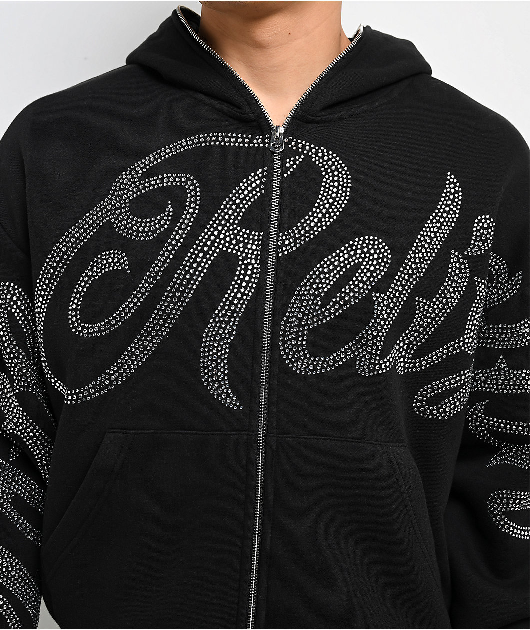 True Religion Rhinestone Script Black Boxy Zip Hoodie