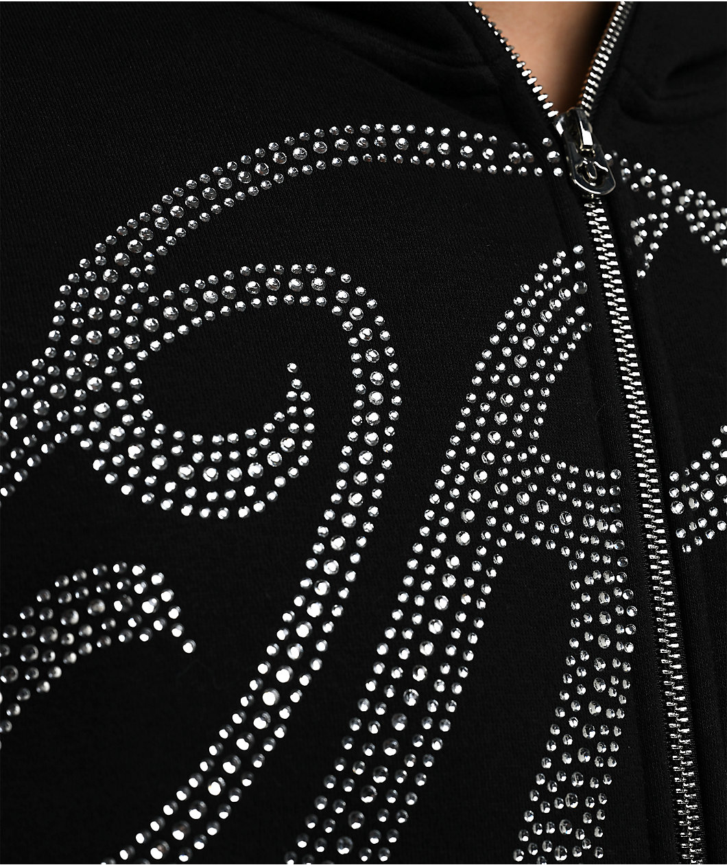True Religion Rhinestone Script Black Boxy Zip Hoodie