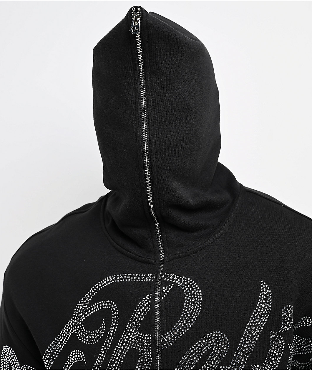 True Religion Rhinestone Script Black Boxy Zip Hoodie