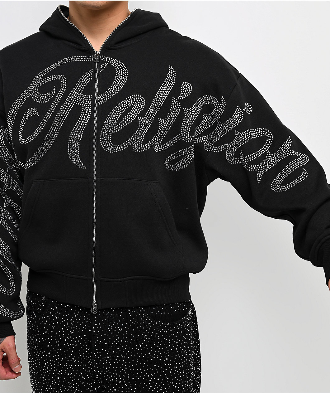 True Religion Rhinestone Script Black Boxy Zip Hoodie
