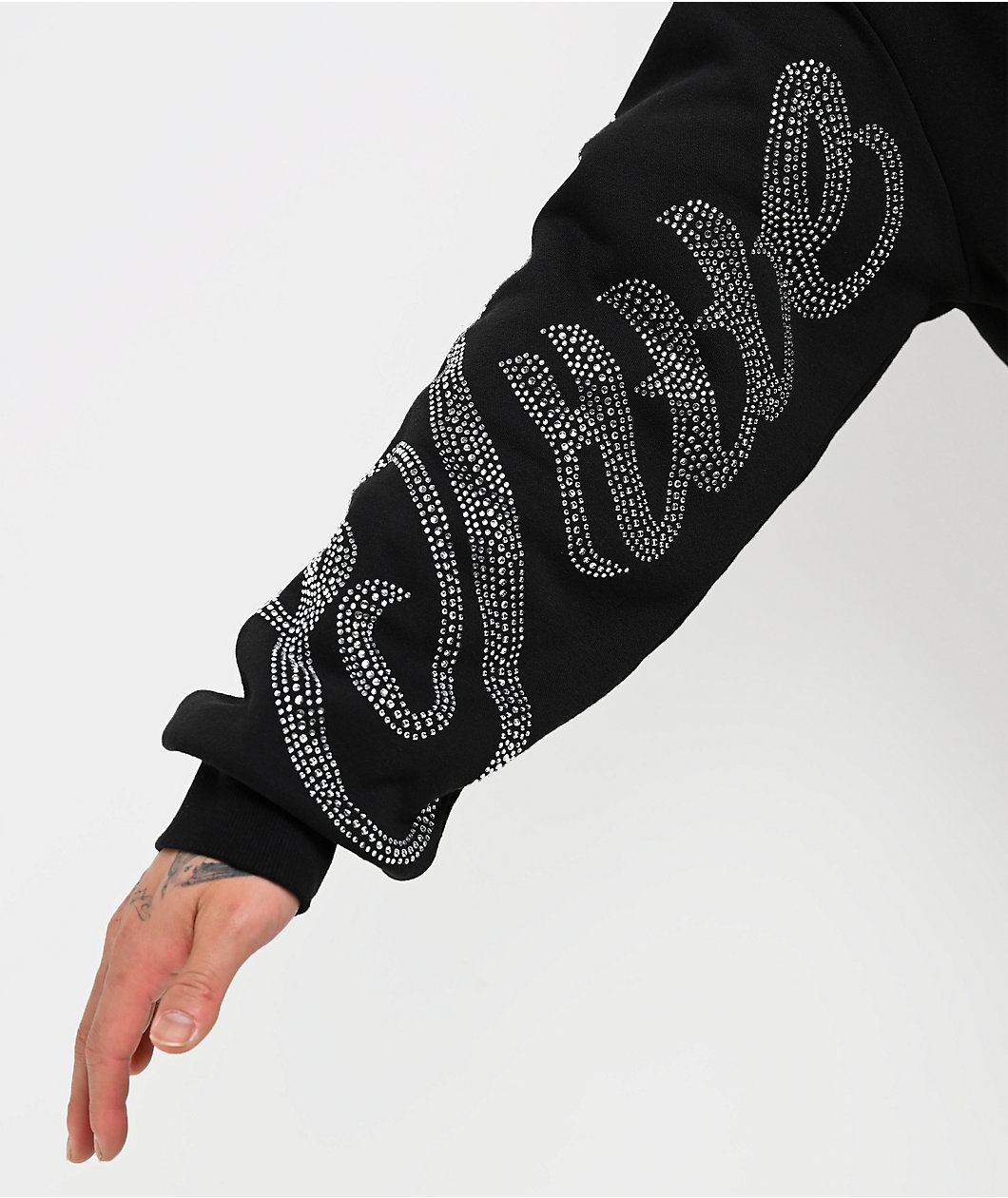 True Religion Rhinestone Script Black Boxy Zip Hoodie