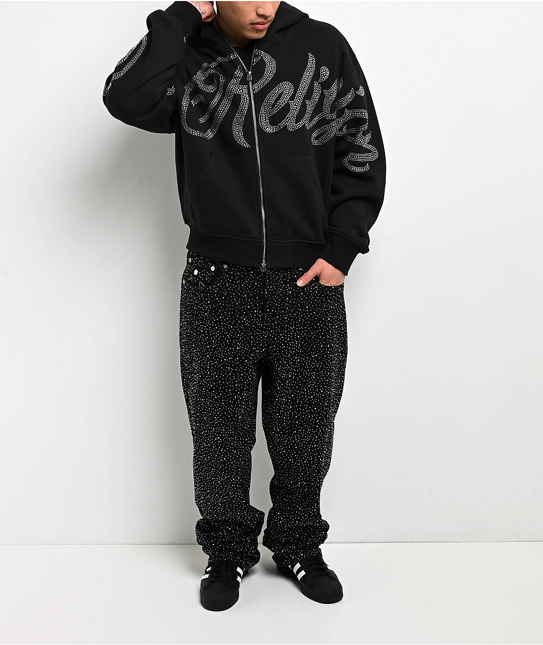 True Religion Rhinestone Script Black Boxy Zip Hoodie
