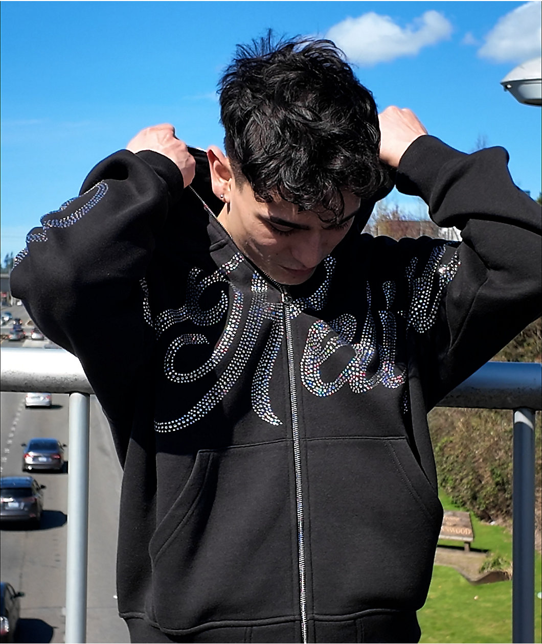 True Religion Rhinestone Script Black Boxy Zip Hoodie