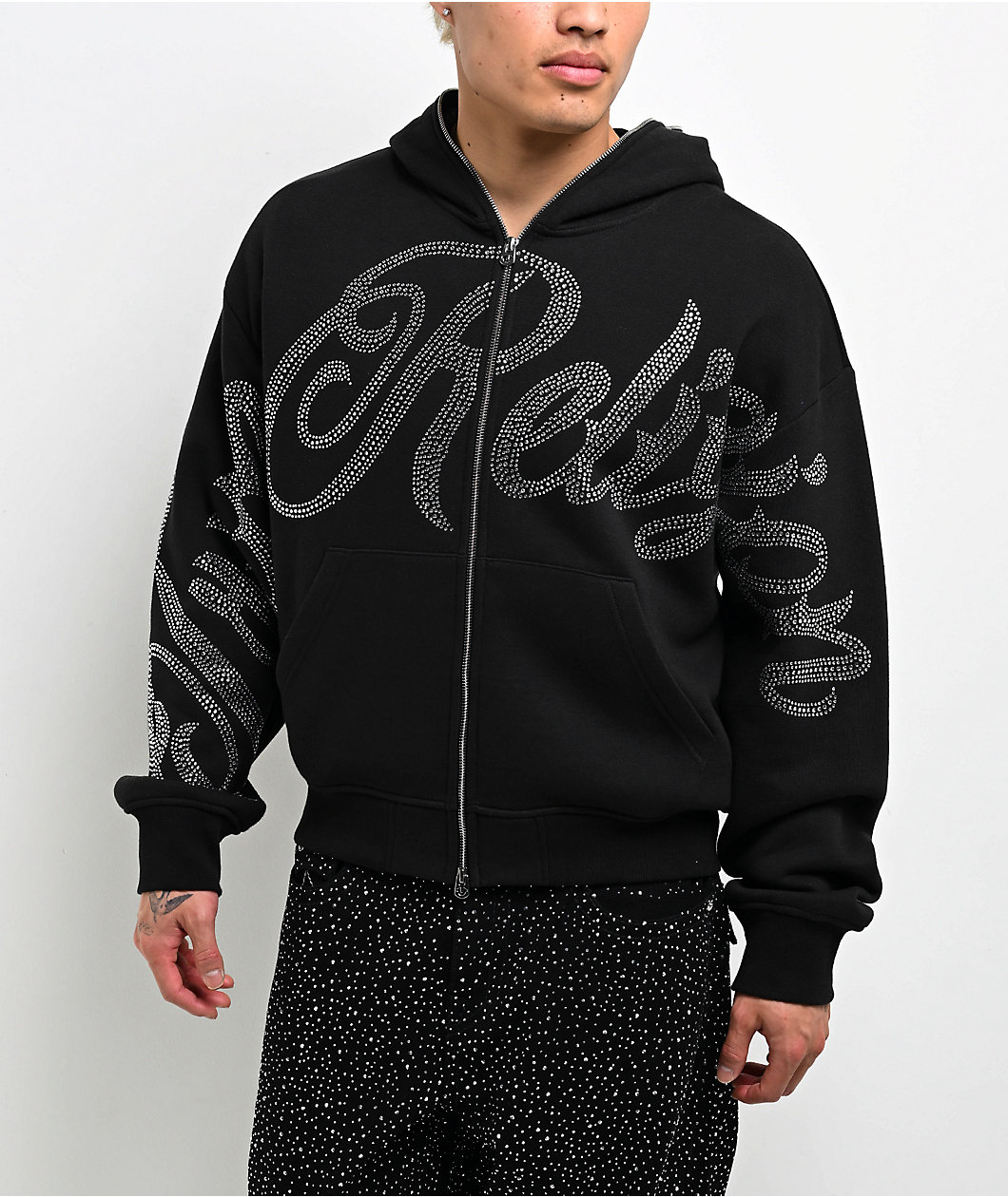 True Religion Rhinestone Script Black Boxy Zip Hoodie