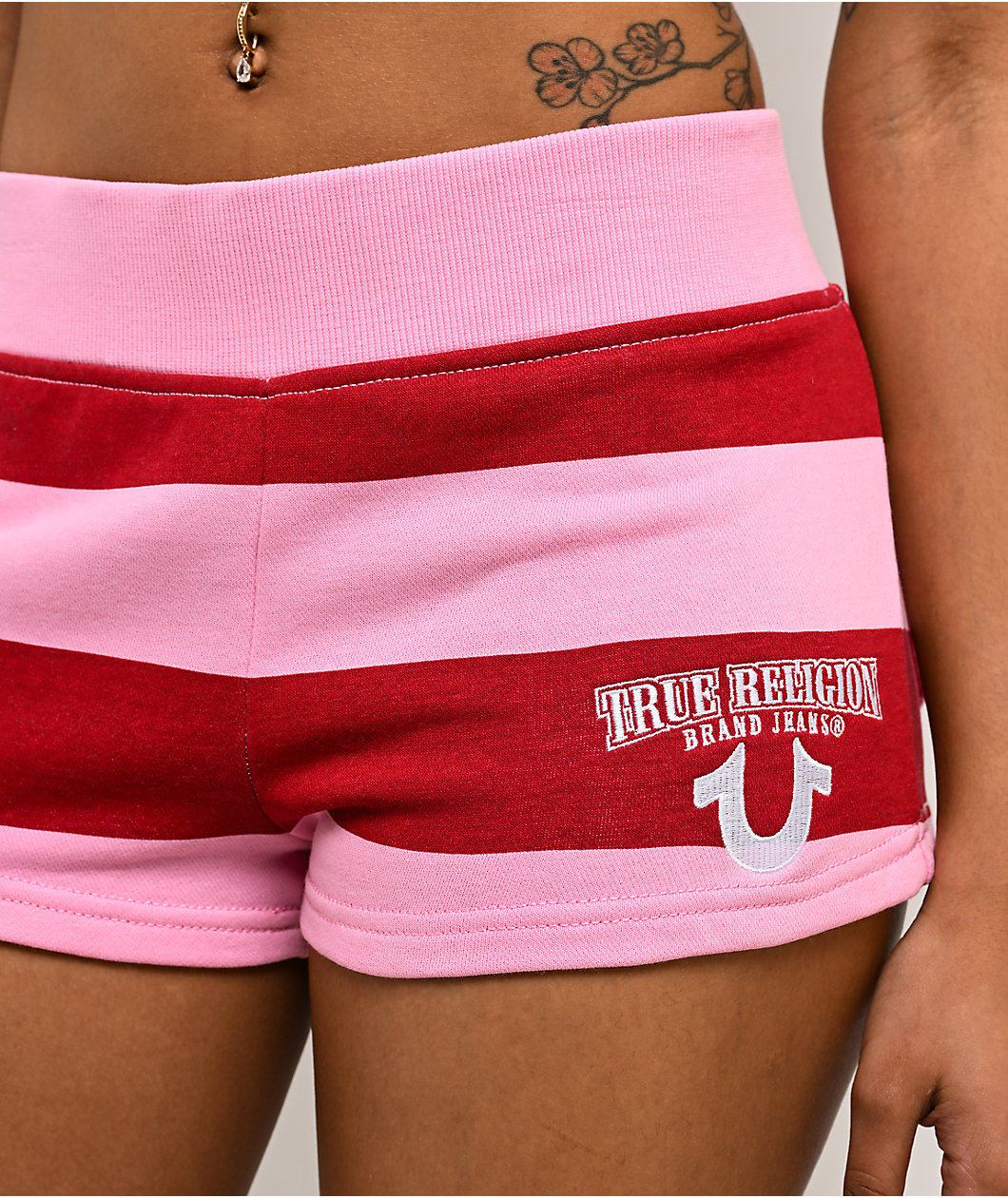 True Religion Rugby Sporty Pink Stripe Sweat Shorts