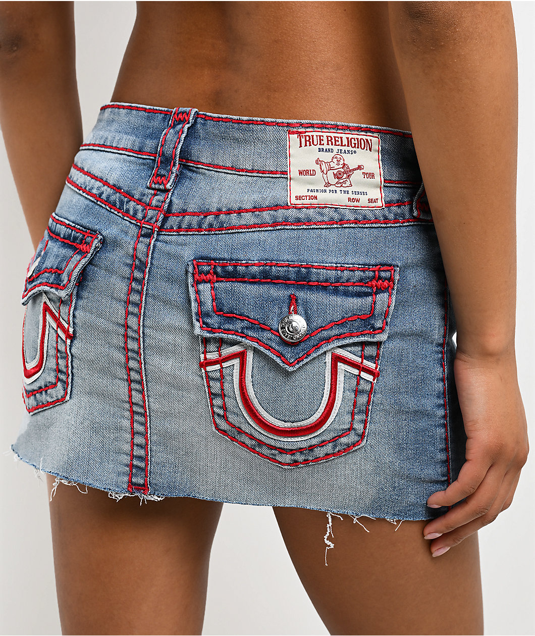 True Religion Sadie Super T Flap Blue Wash Mini Skirt