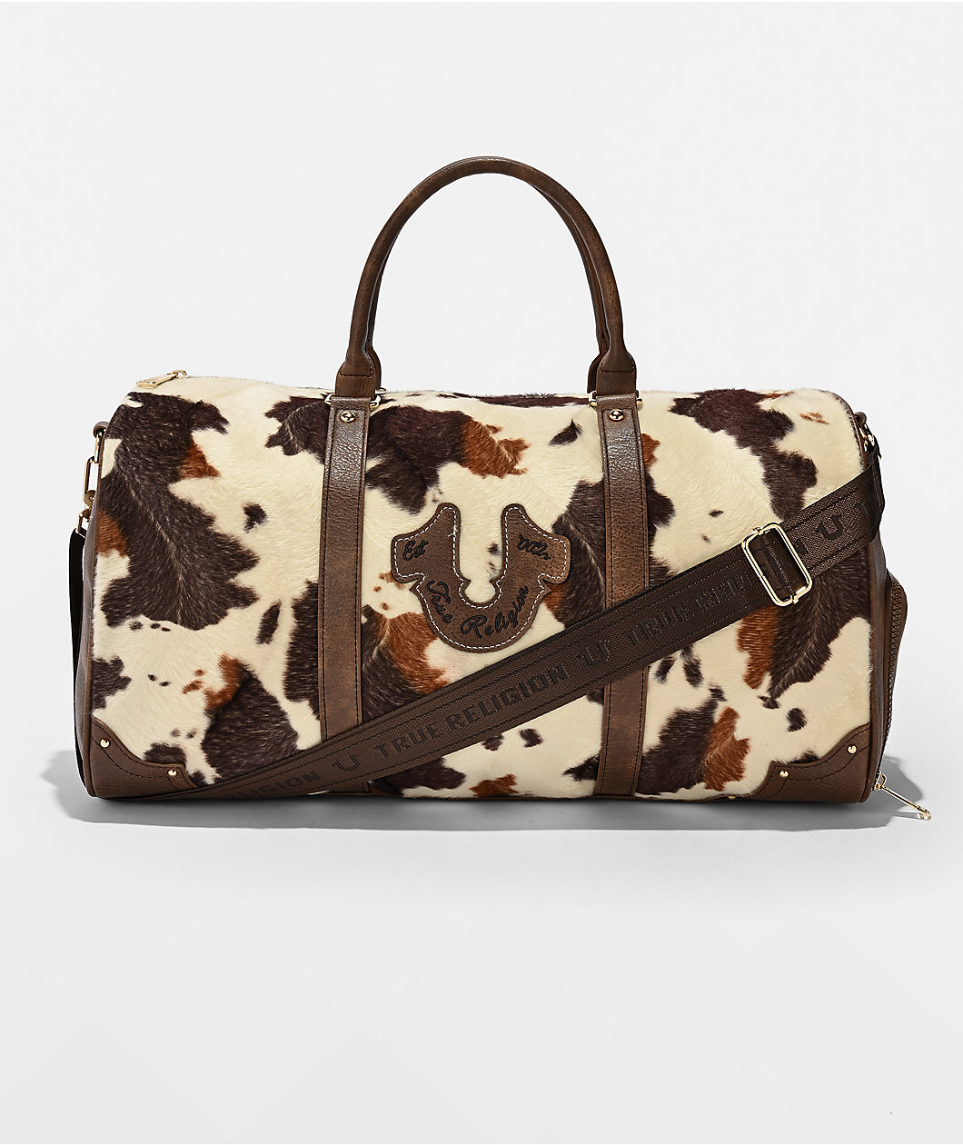 True Religion Scurlock Brown Cow Print Duffel Bag