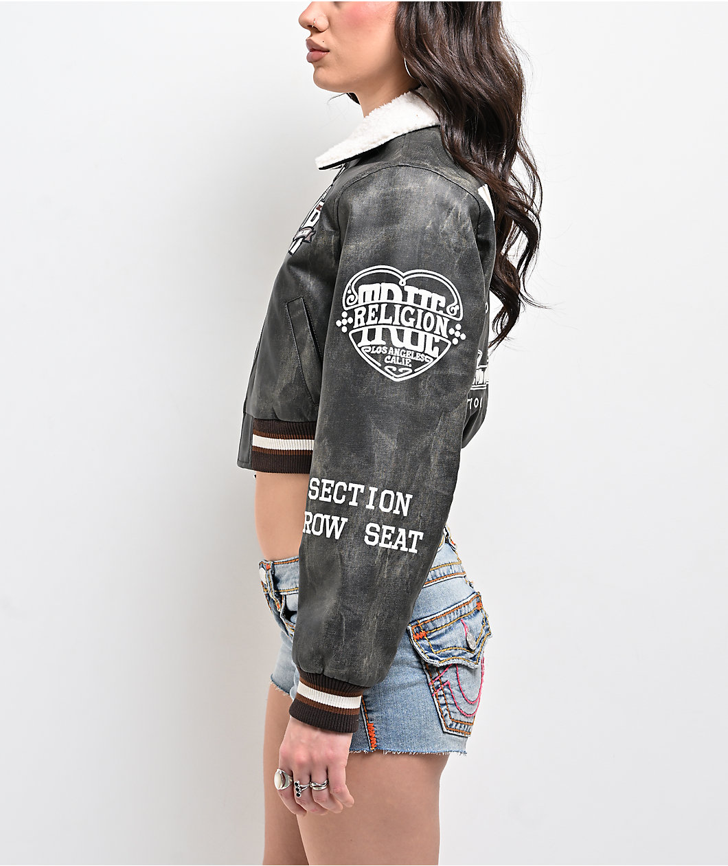 True Religion Sherpa Collared Washed Brown Crop Aviator Jacket