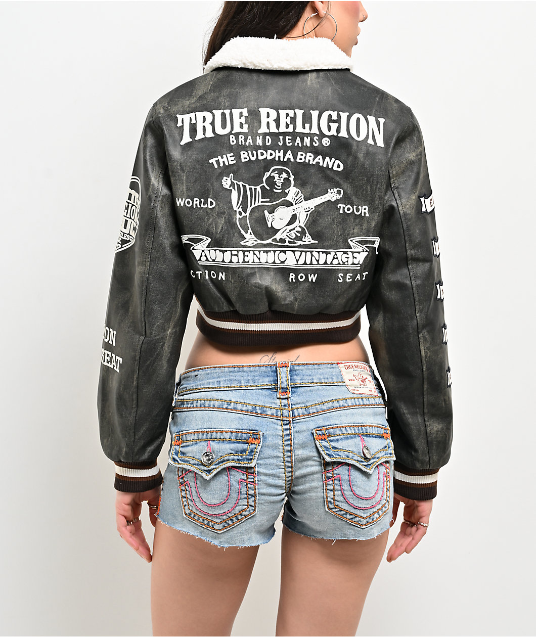 True Religion Sherpa Collared Washed Brown Crop Aviator Jacket