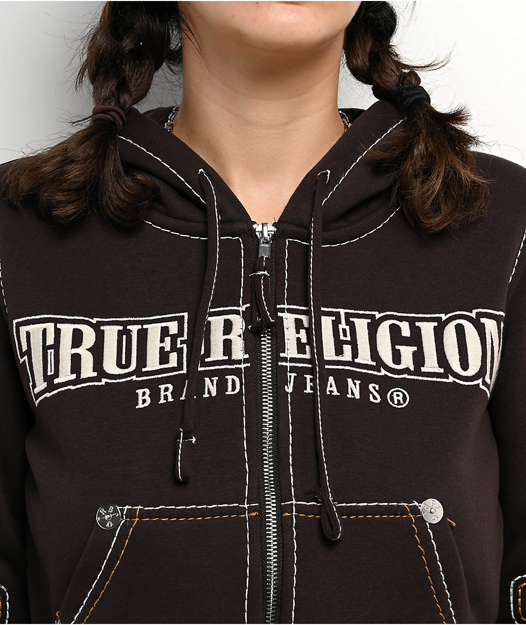 True Religion Shrunken Big T Brown Crop Zip Hoodie