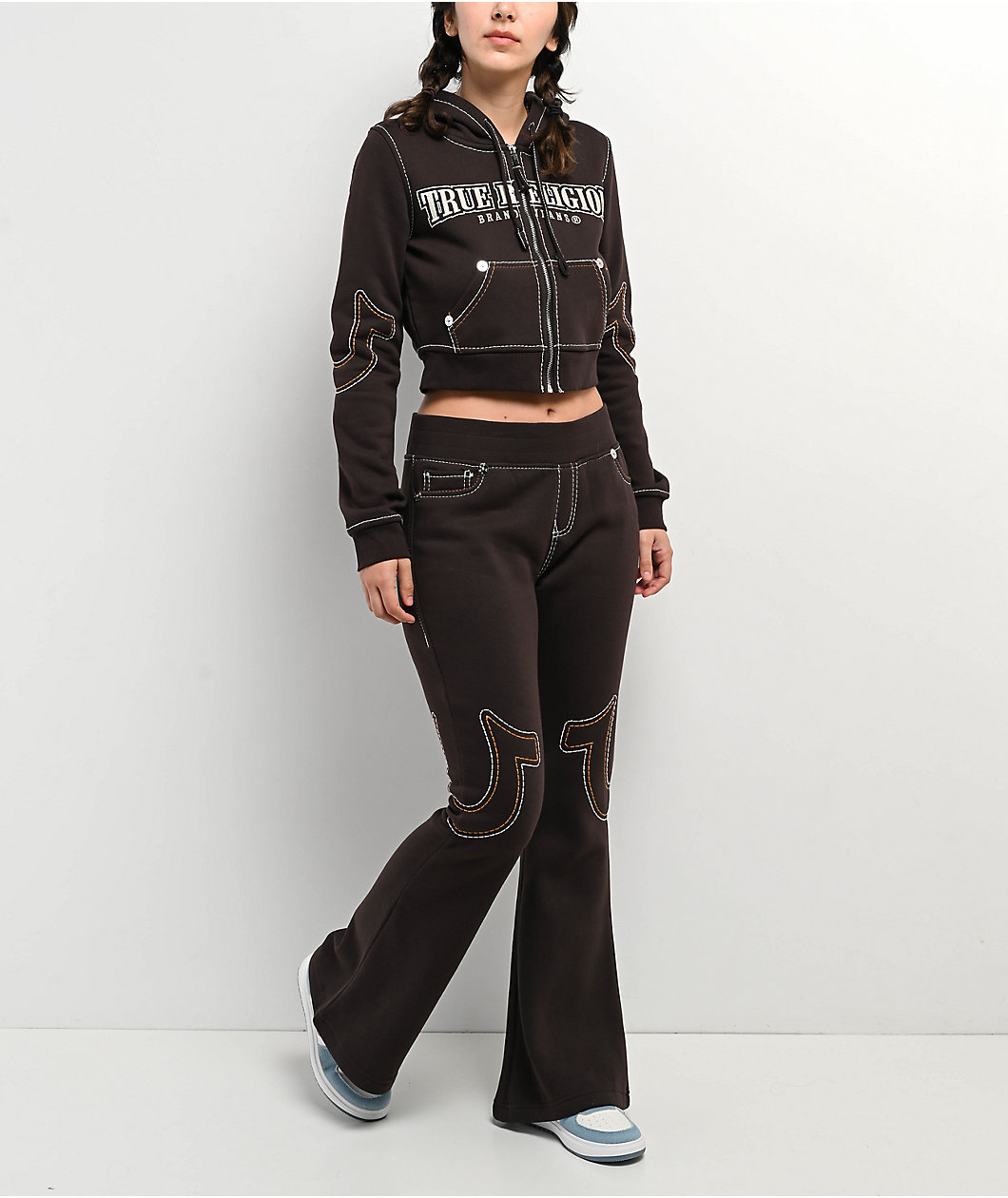 True Religion Shrunken Big T Brown Crop Zip Hoodie