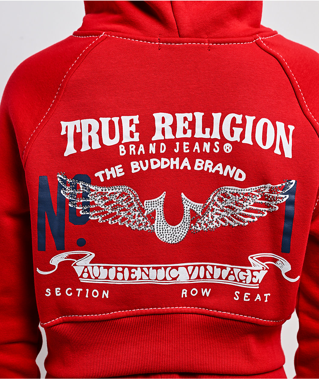 True Religion Shrunken Crystal Wing Barbados Cherry Red Crop Zip Hoodie
